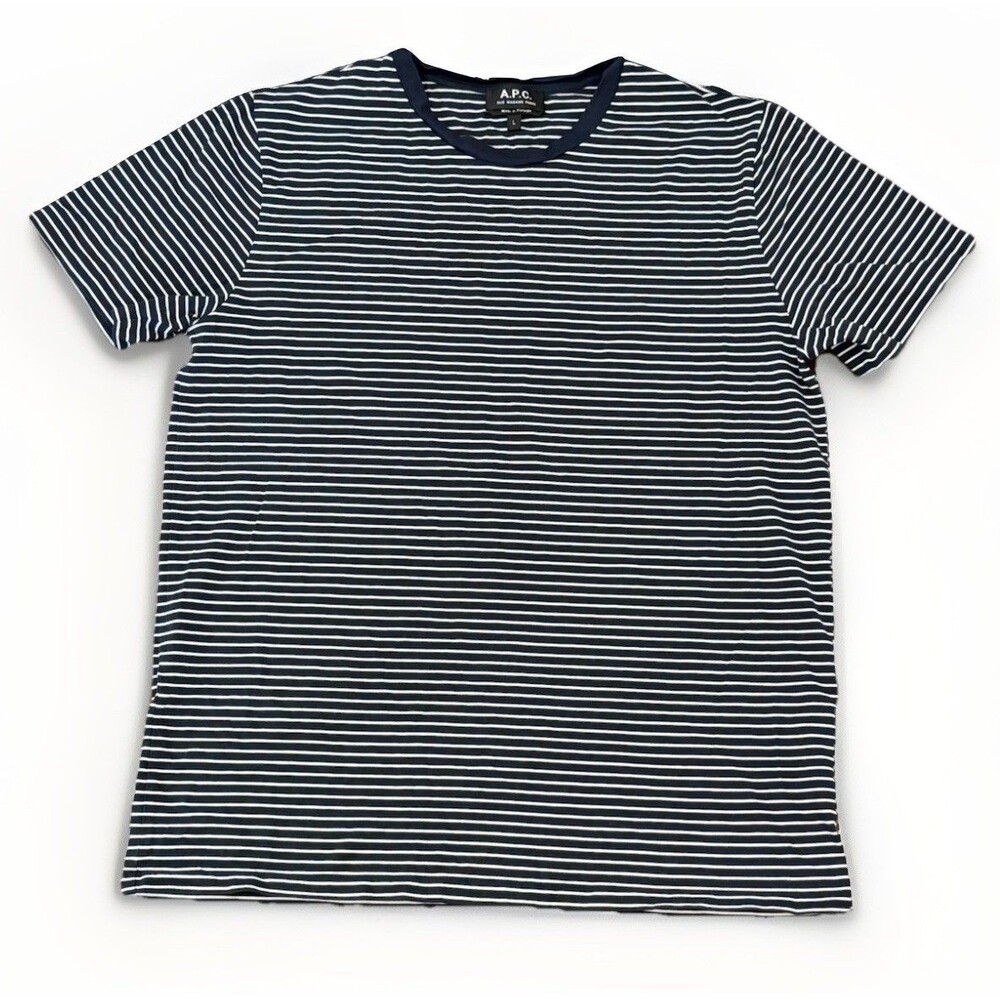 A.P.C. -  Striped Organic Cotton-Jersey T-Shirt Navy White Sz L EUC